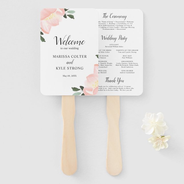 Pink Watercolor Floral Elegant Wedding Program Hand Fan (Front and Back)