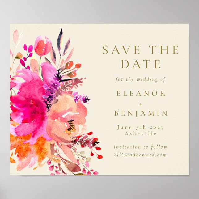 Pink Watercolor Floral Elegant Wedding Save Poster (Front)