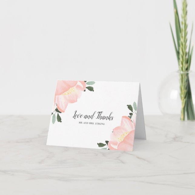 Pink Watercolor Floral Elegant Wedding Thank You Card (Front)