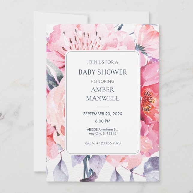 Pink watercolor floral florist baby shower invitation (Front)