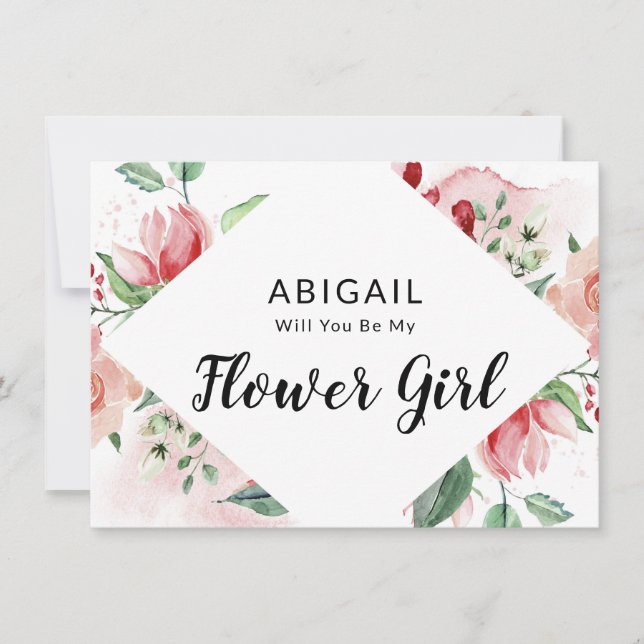 Pink Watercolor Floral Flower Girl Proposal Card (Front)