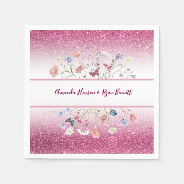 Pink Watercolor Floral Flower Wedding Napkin (Front)