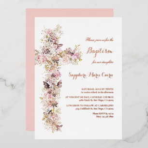 Pink Watercolor Floral Foil Baptism Invitation