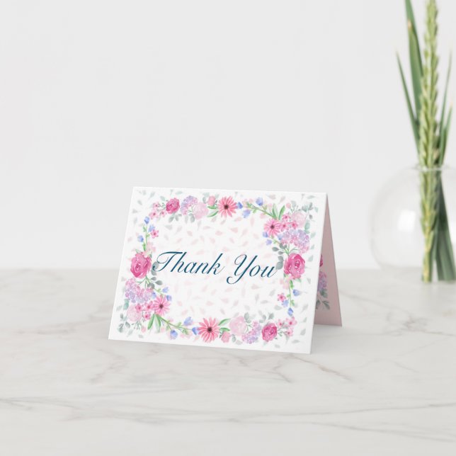 Pink Watercolor Floral Folded Thank You Card (Front)