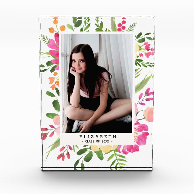 Pink Watercolor Floral Frame Custom Graduation Photo Block (Front)