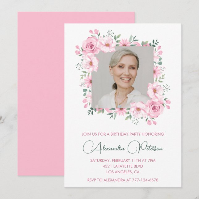 Pink Watercolor Floral Frame Photo 88th birthday Invitation (Front/Back)