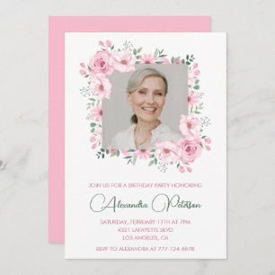 Pink Watercolor Floral Frame Photo 89th birthday Invitation