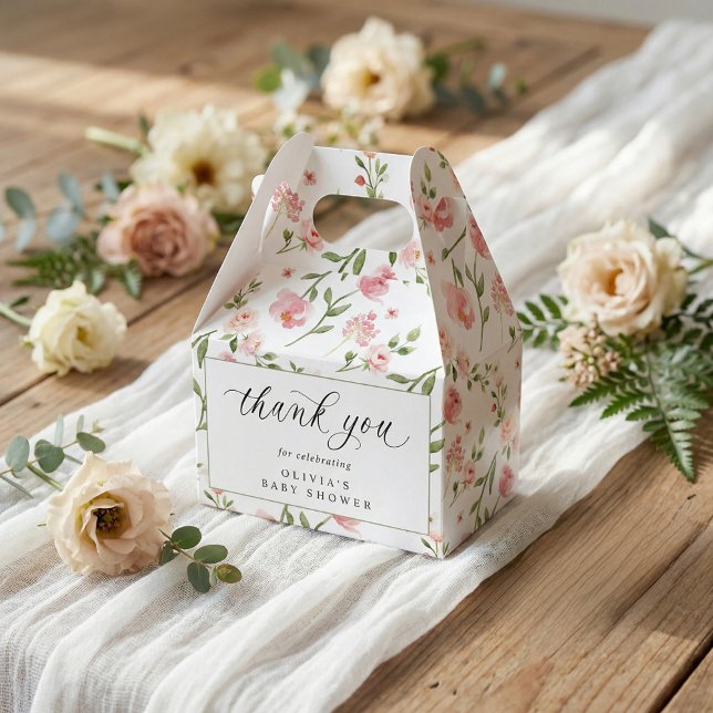 Pink Watercolor Floral Garden Baby Shower Favour Box (Baby shower favor box with pink watercolor flowers and botanical garden design)
