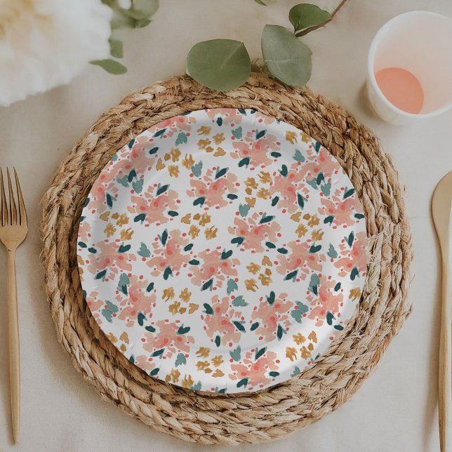 Pink Watercolor Floral Garden Paper Plate (Pink watercolor floral garden baby or bridal shower paper plates.)