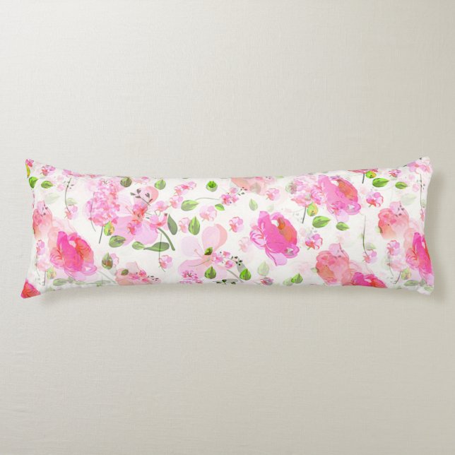 Pink Watercolor Floral Garden Pattern Body Cushion (Front)