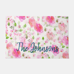 Pink Watercolor Floral Garden Pattern Doormat