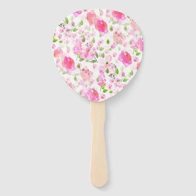 Pink Watercolor Floral Garden Pattern Hand Fan (Front)