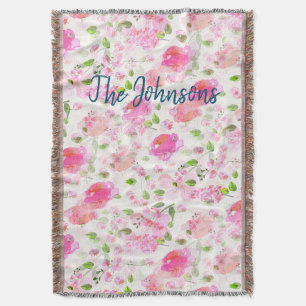 Pink Watercolor Floral Garden Pattern Throw Blanket