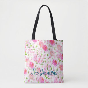 Pink Watercolor Floral Garden Pattern Tote Bag