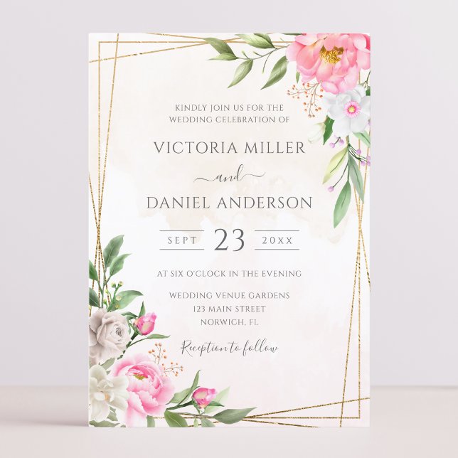 Pink Watercolor Floral Geometric Gold Wedding Invitation (Creator Uploaded)