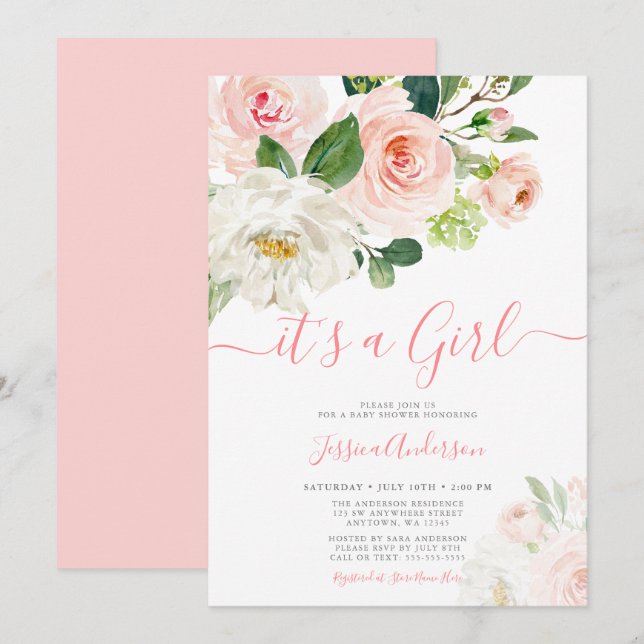 Pink Watercolor Floral Girl Baby Shower Invitation (Front/Back)