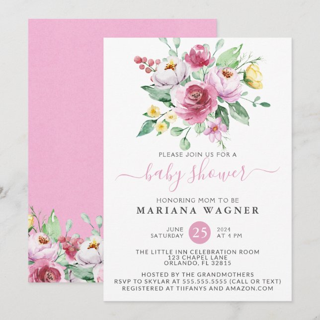 Pink Watercolor Floral Girl Baby Shower Invitation (Front/Back)