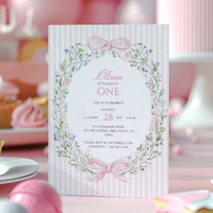 Pink Watercolor Floral Girl's 1st Birthday Party Invitation
