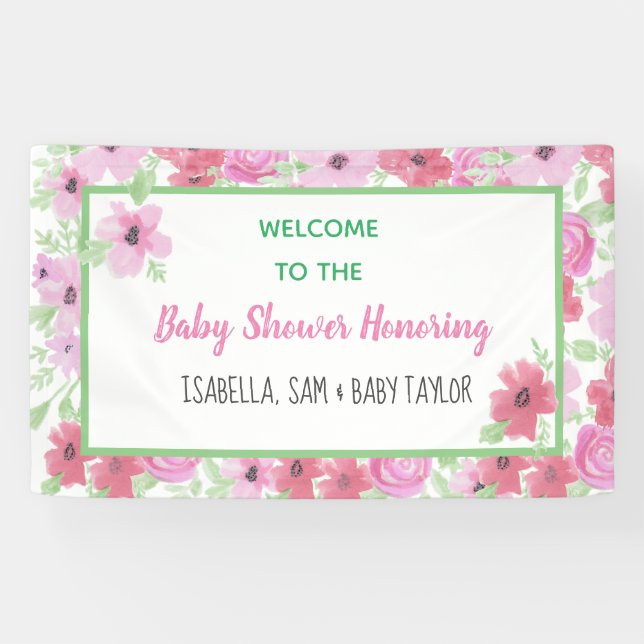 Pink Watercolor Floral Girl's Baby Shower Banner (Horizontal)