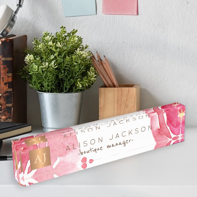 Pink watercolor floral gold copper monogrammed nameplate (Creator Uploaded)