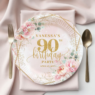 Pink Watercolor Floral Gold Frame 90th Birthday  Paper Plate