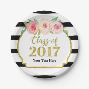 Pink Watercolor Floral Gold Graduation 2017 Paper Plate