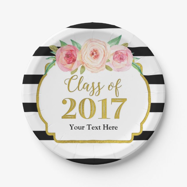Pink Watercolor Floral Gold Graduation 2017 Paper Plate (Front)