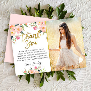 Pink Watercolor Floral Gold Script Birthday Photo Thank You Card