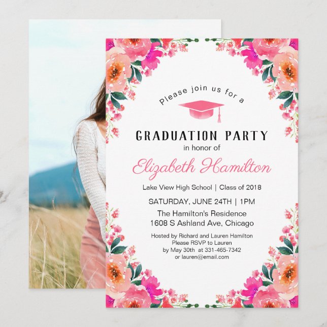 Pink Watercolor Floral Graduation Party Photo Invitation (Front/Back)