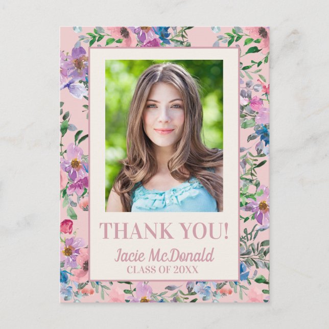 Pink Watercolor Floral Graduation Thank You Announcement Postcard (Front)