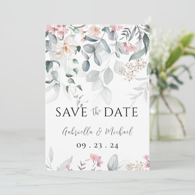 Pink Watercolor Floral Greenery Wedding Save The Date (Standing Front)
