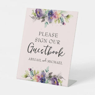 Pink Watercolor Floral Guestbook Pedestal Sign