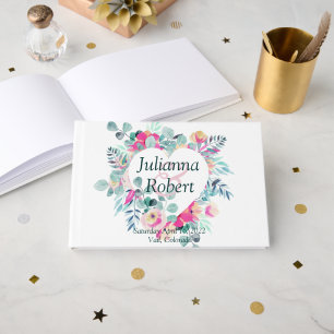 Pink watercolor floral heart  wedding  guest book