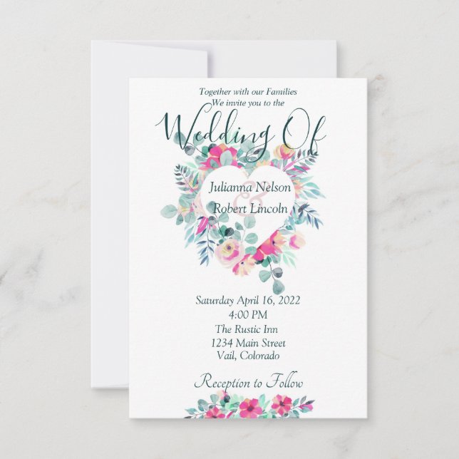 Pink watercolor floral heart wedding invitation (Front)