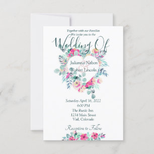 Pink watercolor floral heart wedding invitation