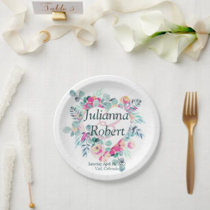 Pink watercolor floral heart  wedding  paper plate