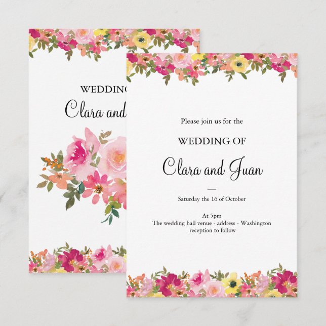 Pink watercolor floral invitation (Front/Back)