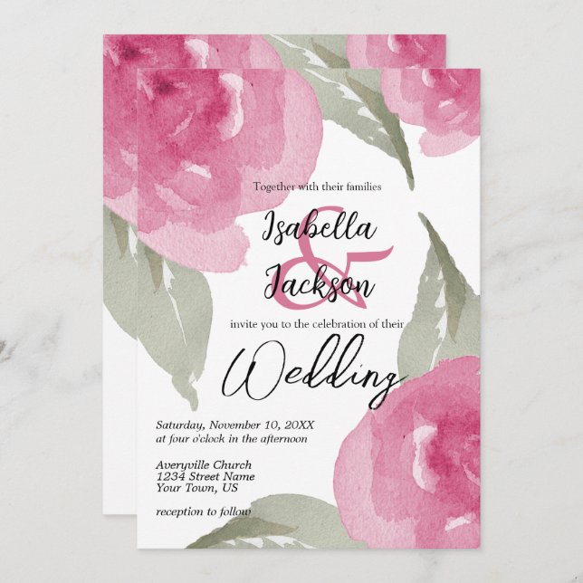 Pink Watercolor Floral  Invitation (Front/Back)