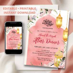 Pink Watercolor Floral Lanterns Ramadan Iftar Invitation