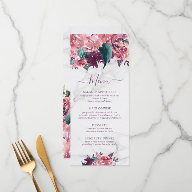 Pink Watercolor Floral Marble Mothers Day Menu (Front/Back In Situ)
