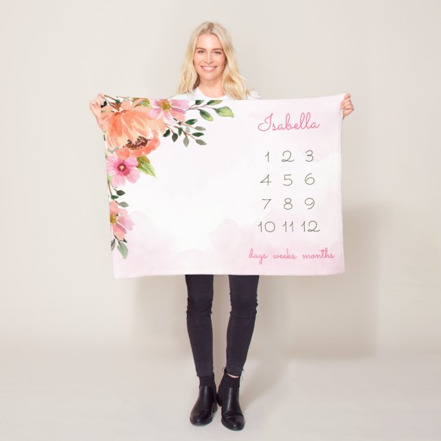 Pink Watercolor Floral Milestone  Fleece Blanket (In Situ)