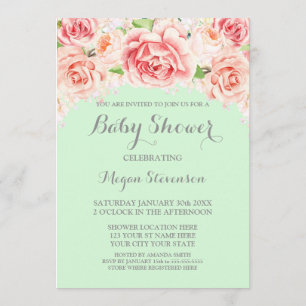 Pink Watercolor Floral Mint Baby Shower Invitation
