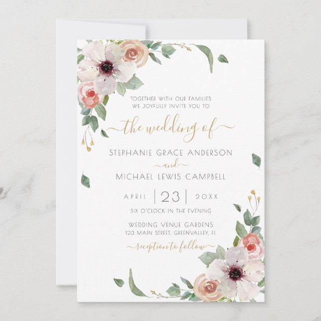 Pink Watercolor Floral Modern Wedding Invitation (Front)
