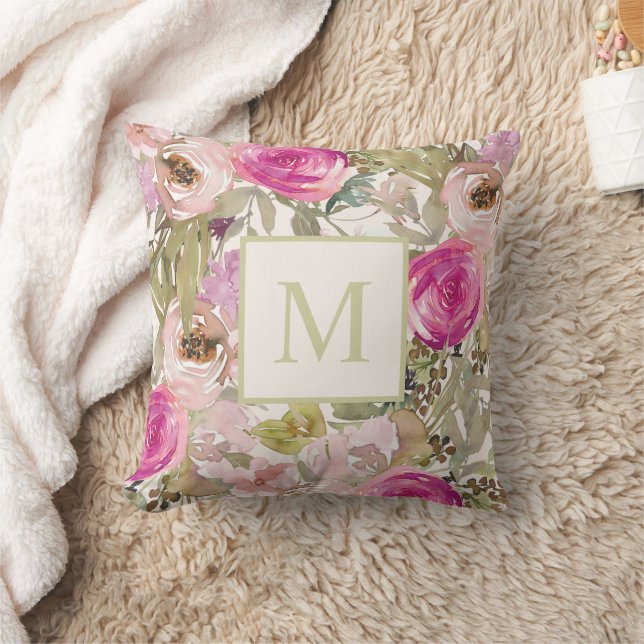 Pink Watercolor Floral Monogram Initial  Cushion (Blanket)