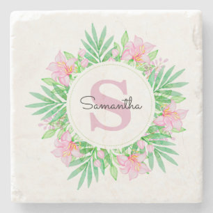 Pink Watercolor Floral Monogram Stone Coaster