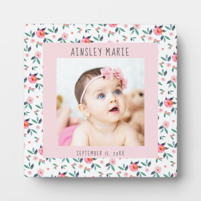 Pink Watercolor Floral New Baby Girl Photo Plaque (Front)