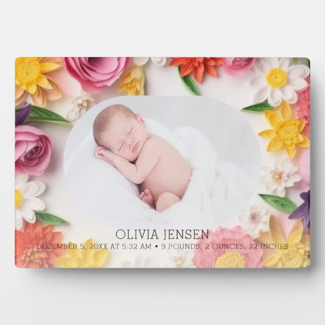 Pink Watercolor Floral New Baby Girl Photo Plaque (Front)