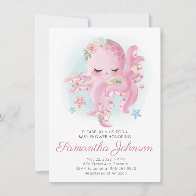 Pink Watercolor Floral Octopus Baby Shower Invitation (Front)