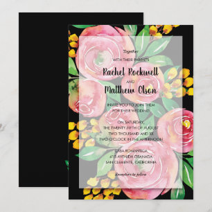 Pink Watercolor Floral on Black Wedding Invitation