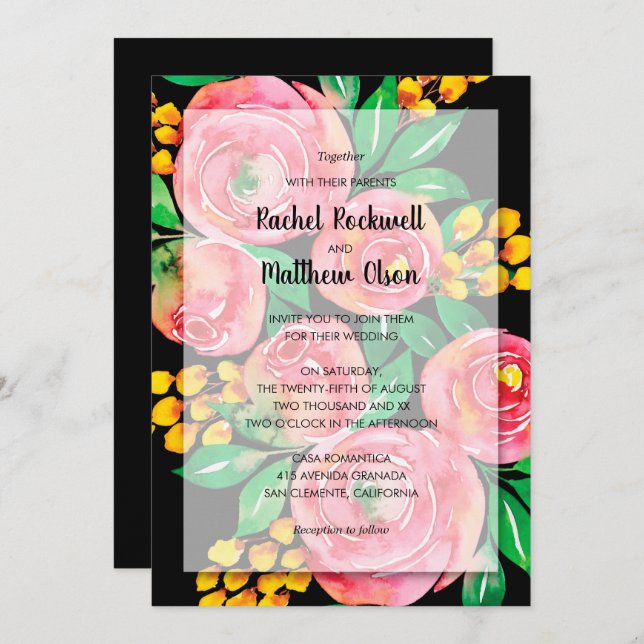 Pink Watercolor Floral on Black Wedding Invitation (Front/Back)